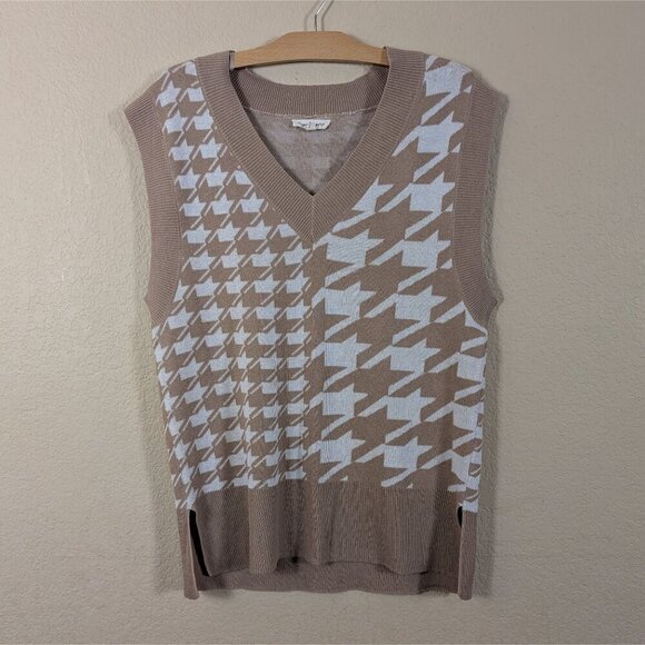 Kingston Grey Tunic Sweater Vest sz L Houndstooth Khaki White 90s Y2K Preppy - Picture 2 of 9